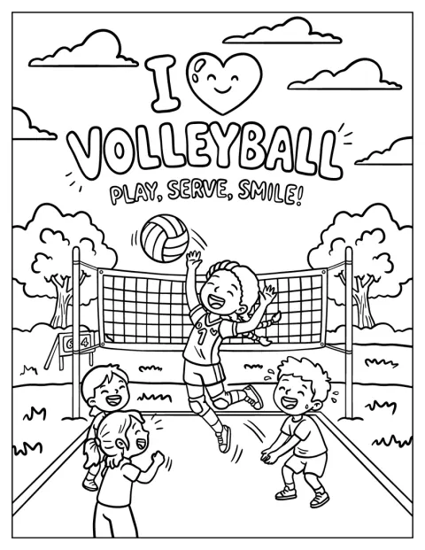 Barn spelar volleyboll bredvid texten ”Jag älskar volleyboll”.