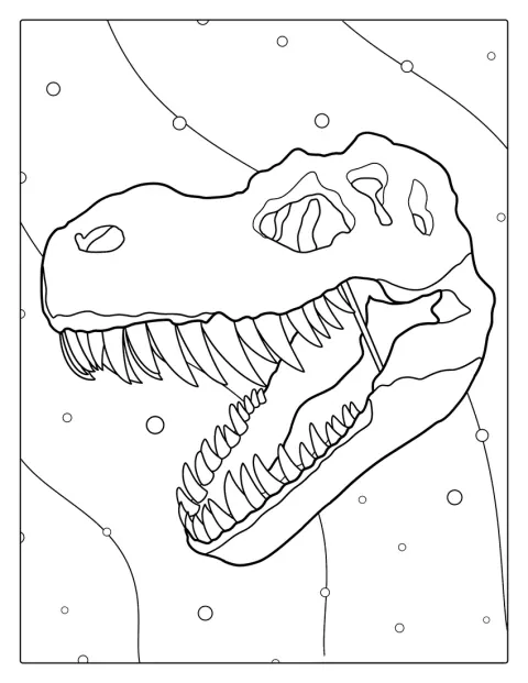 Lebka T-Rexe je zobrazena zepředu s výraznými zuby.