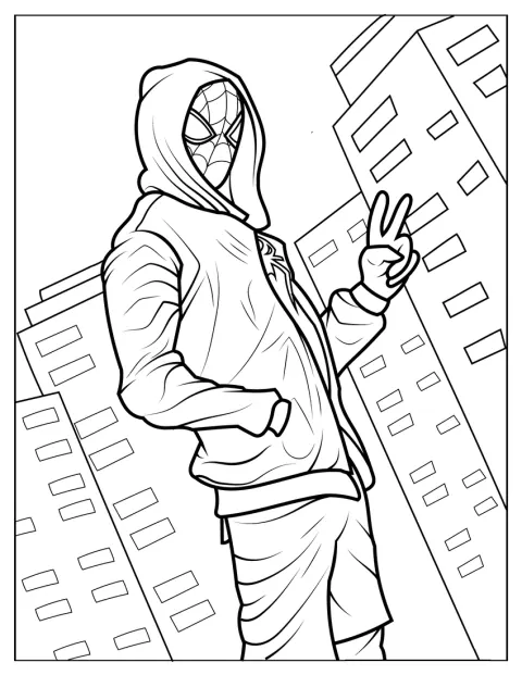 Miles Morales sorride e alza una mano nel segno della pace.
