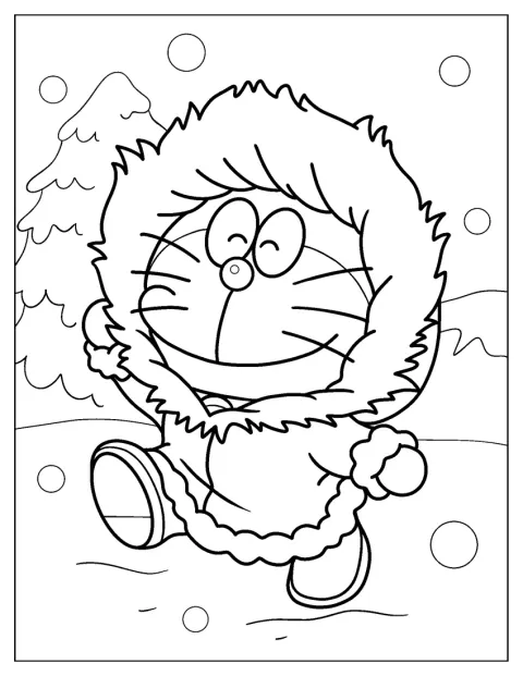 Doraemon rennt durch eine verschneite Winterlandschaft.