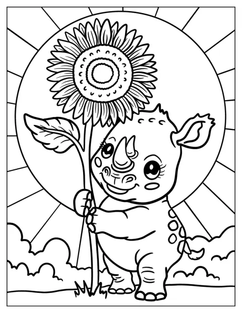Un rinoceronte sostiene un girasol enorme.