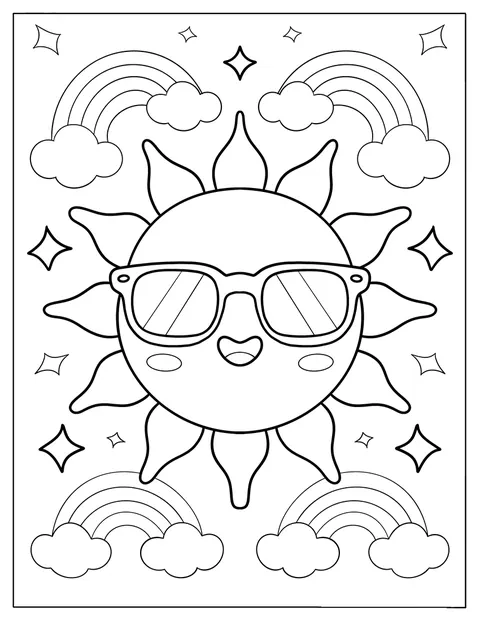 Un soleil porte des lunettes, entouré d’étincelles et d’arcs-en-ciel.