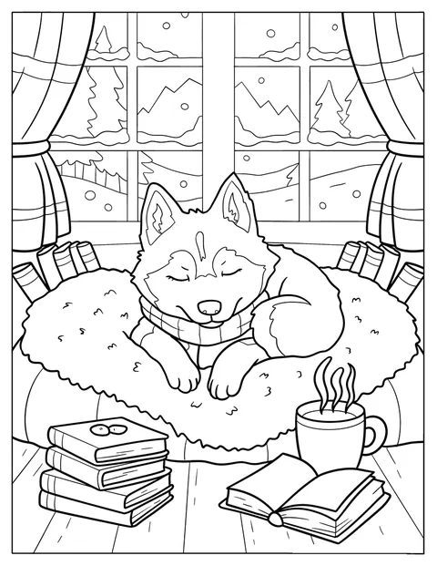 Un joven husky con bufanda duerme junto a unos libros y una bebida caliente.