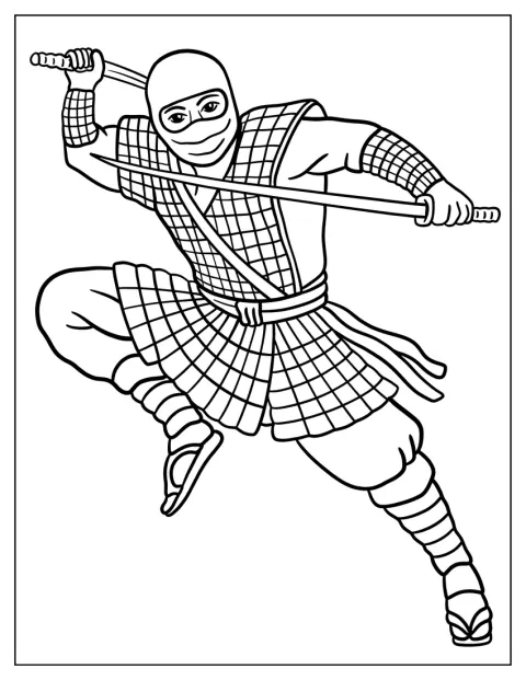 Un ninja affronte un adversaire en maniant deux épées.