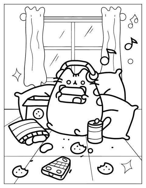Pusheen zajada smakołyk i słucha muzyki w swojej sypialni.