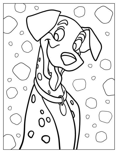 Pongo, o dálmata, aparece de pé num desenho de contornos simples.