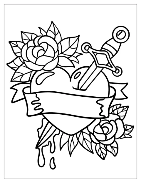 En dolk går gjennom et hjerte med banner og rose.