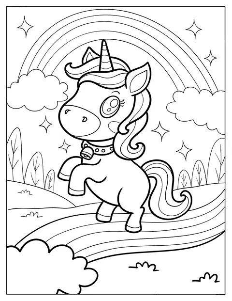Um unicórnio chibi trota ao longo de um arco-íris entre estrelas brilhantes.