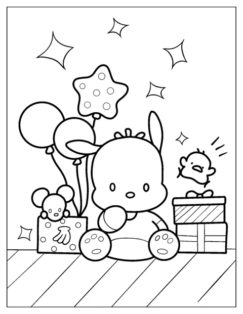 Sentado no chão, Pochacco está rodeado de presentes e balões de aniversário.