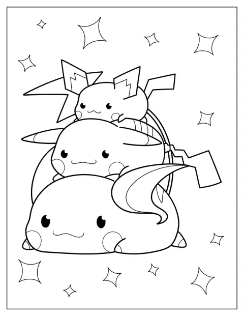 ライチュウの上に、ピチューとピカチュウが乗っています。