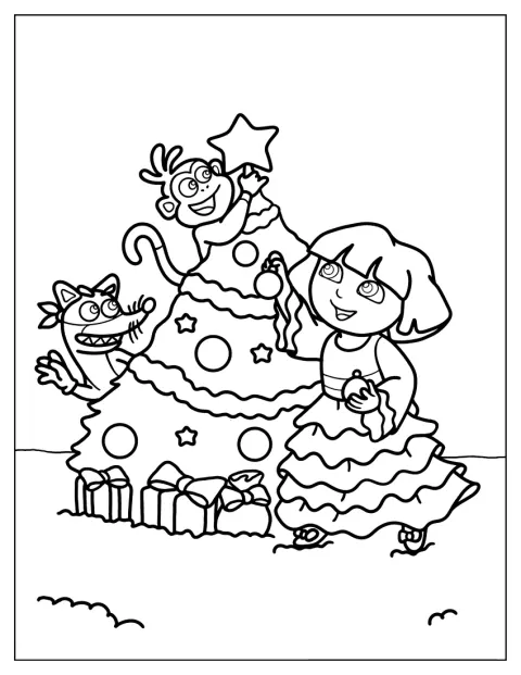 Christmas Themed Dora Coloring Page