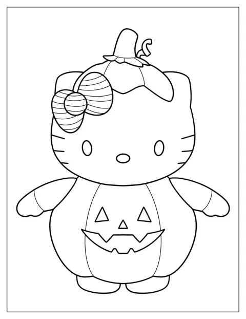 Hello Kitty schaut aus einer geschnitzten Kürbislaterne heraus.