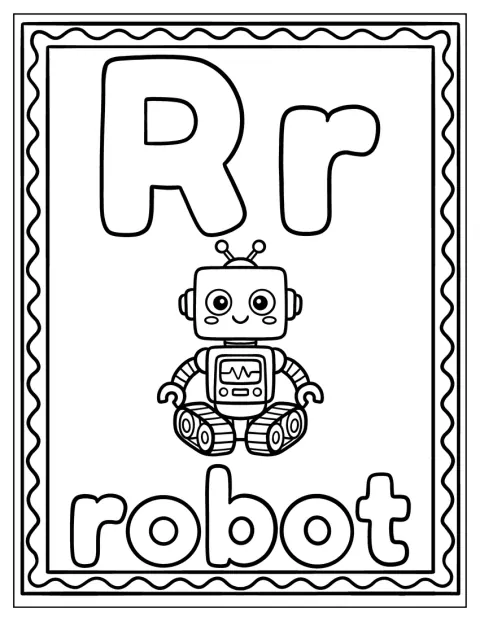 Un robot sorridente è raffigurato accanto alla lettera R.