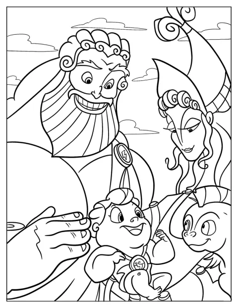Zeus a Alcmene se něžně věnují malému Hercules a Pegasovi.