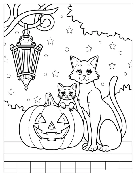 Dois gatos de desenho animado estão ao lado de uma grande abóbora de Halloween.