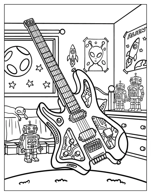 En futuristisk elgitarr står i ett sovrum med rymdtema.