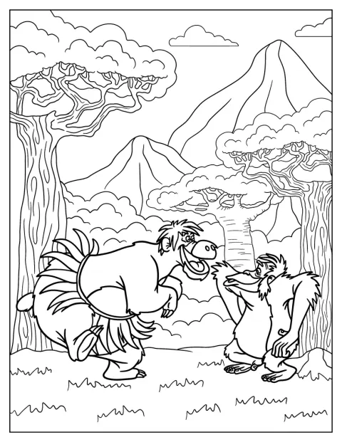 Baloo y Rey Louie bailan juntos con faldas de hojas en la selva.