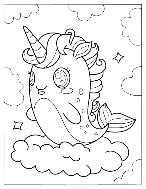 Narwhal Coloring Page With Pretty Mane In The Clouds For Kids