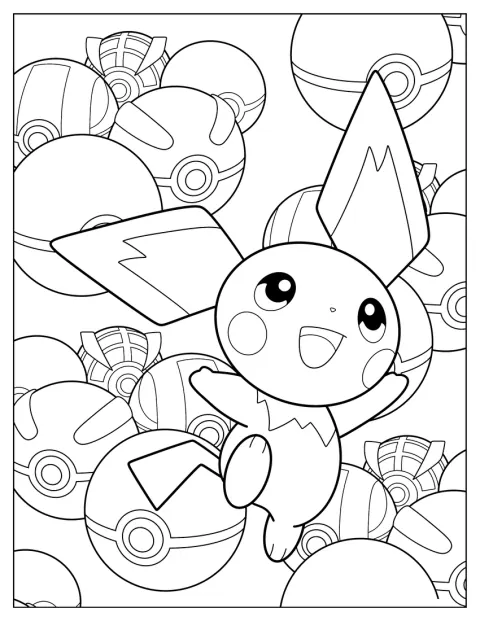 Kawaii Pichu Coloring Page With Pokeballs In The Background
