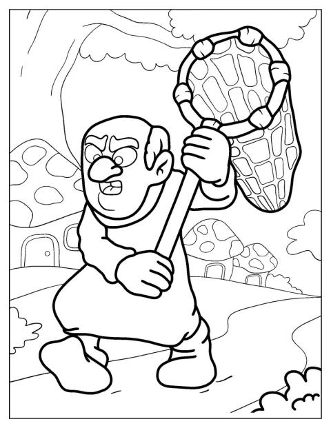 Gargamel tenta apanhar os Smurfs numa cena ao ar livre.