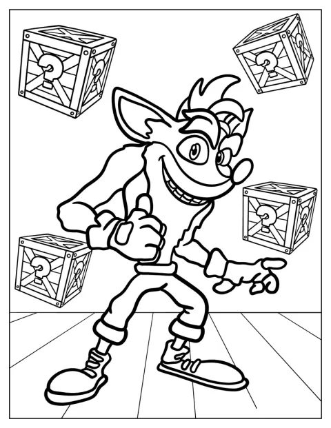 Crash Bandicoot stoi otoczony skrzyniami ozdobionymi znakami zapytania.