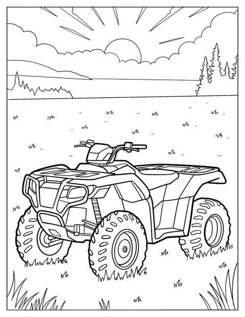 Un quad tout-terrain traverse un champ sous un soleil couchant.