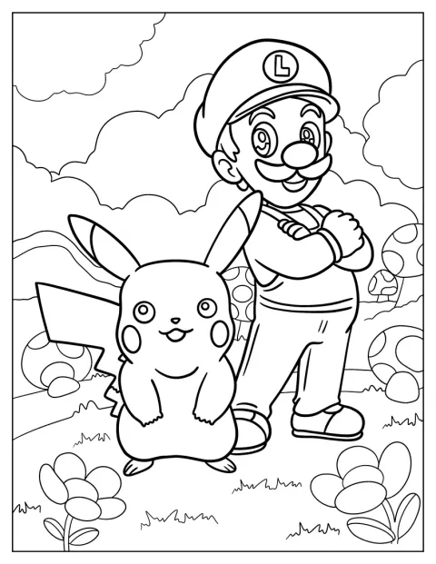 Luigi står tillsammans med Pikachu i Svampriket.
