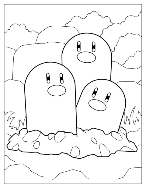 Dugtrio steekt uit de grond tevoorschijn.