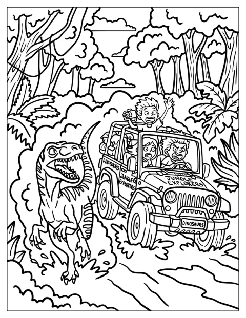 Ein Velociraptor verfolgt einen Jeep auf einer Dschungel-Safari.