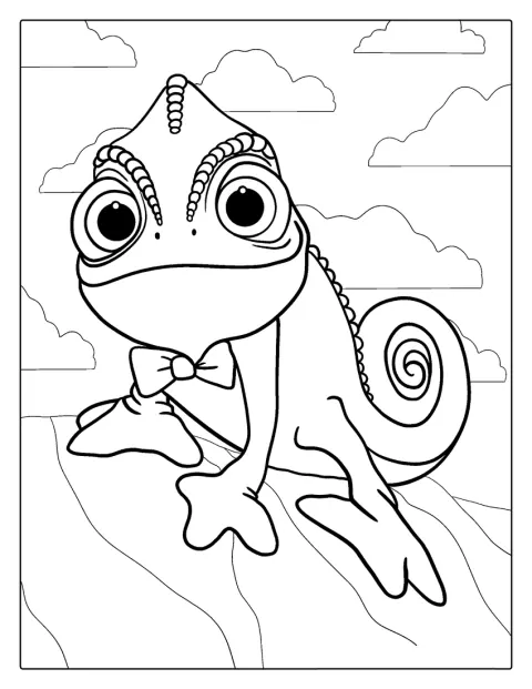 Pascal, el pequeño camaleón de Enredados, aparece en primer plano.