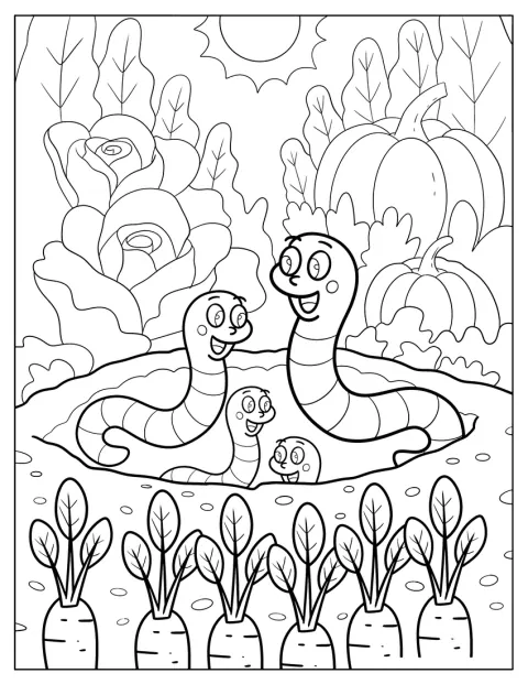 Een wormenfamilie woont samen tussen de groenten in een tuin.