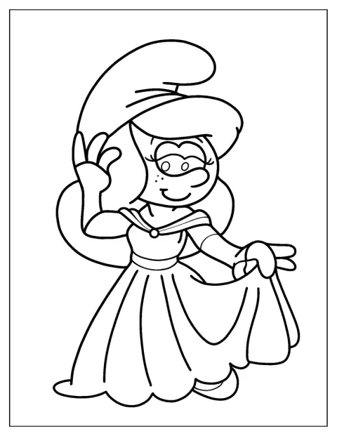 Sassette, dos Smurfs, aparece numa pose alegre.