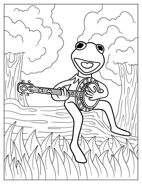 Kermit toca banjo com um sorriso, sentado num ambiente simples.