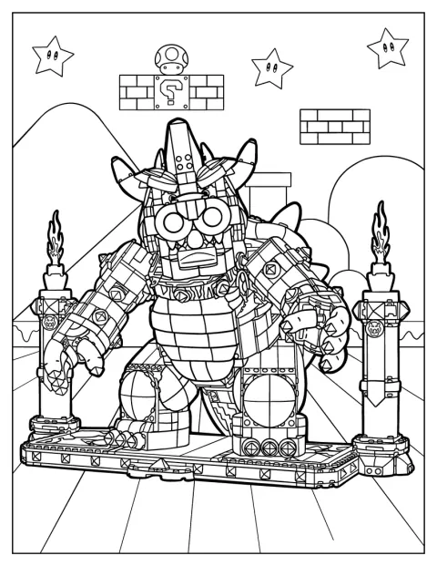 Bowser è costruito con mattoncini LEGO e mostra il suo guscio.