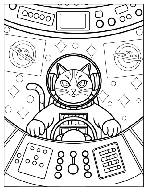 O pisică îmbrăcată în costum de astronaut pilotează o navă spațială.