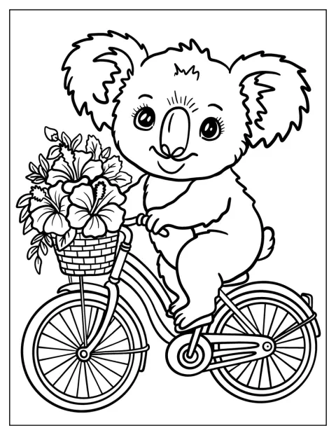En liten koala cyklar med en korg full av blommor.