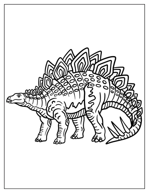 Un Stegosaurus merge cu plăcile de pe spate și țepii cozii bine evidențiați.