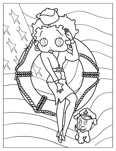 Betty Boop sorride e porta una mano alla fronte per salutare.