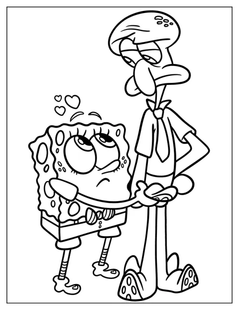 SpongeBob cammina tenendo per mano Squiddi.