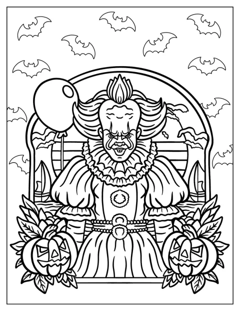 Pennywise Coloring Page With Bats And Jack O Lanterns