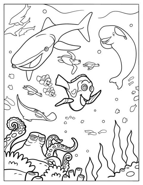 Dory nage avec Marlin, Nemo, Bailey et leurs amis dans l’océan.