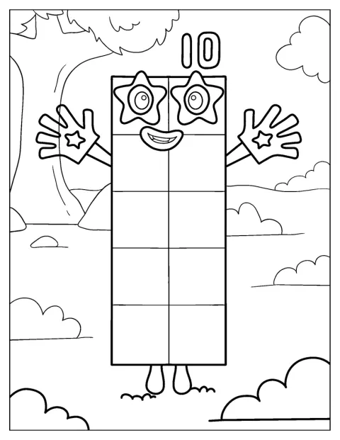 Numberblock 10 draagt een paar handschoenen.