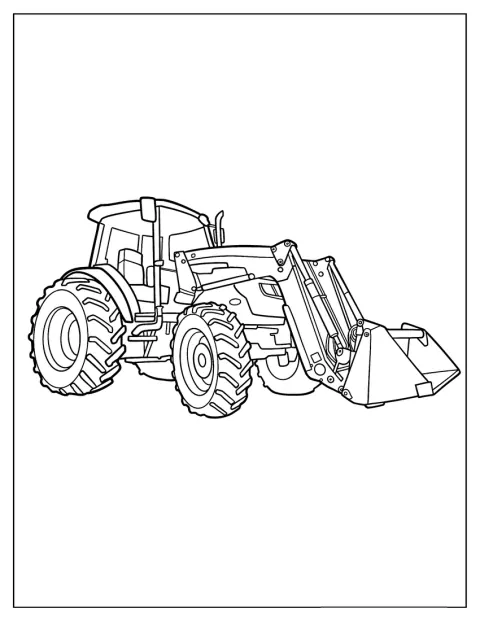En kraftig traktor med tykke dæk og læsser står på arbejdspladsen.