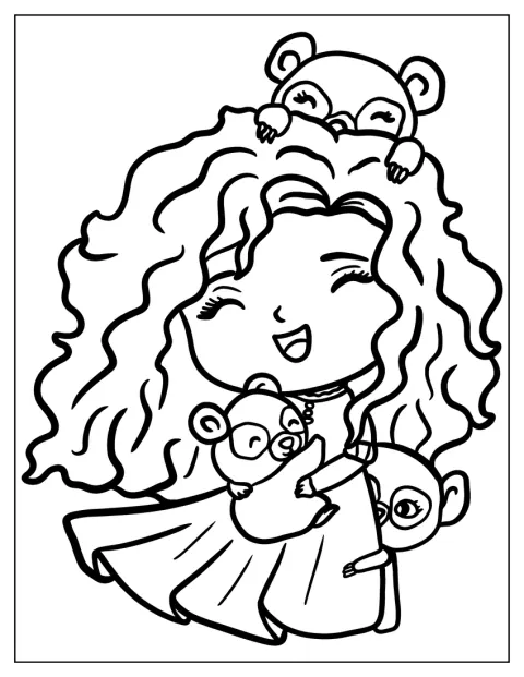 Merida in versione chibi è circondata dai tre orsetti.