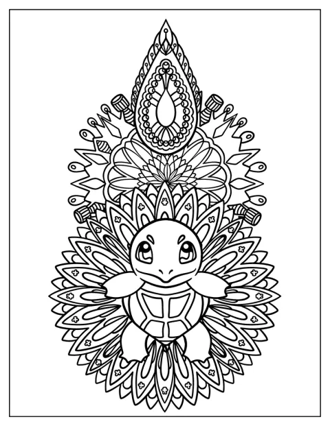 Squirtle aparece en el centro de un diseño de mandala.