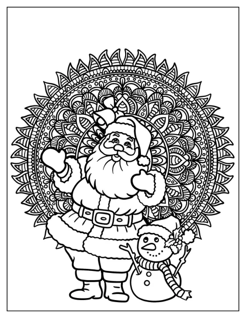 Julemanden står sammen med en snemand i en julemandala.