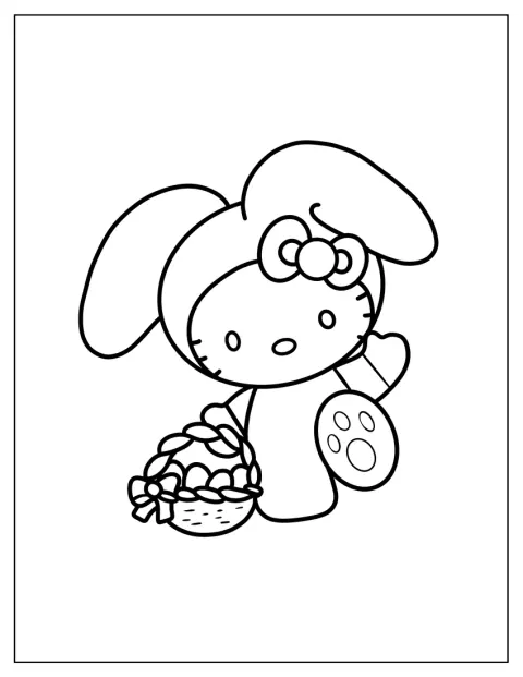 Hello Kitty spaceruje z koszykiem pełnym wielkanocnych jajek.