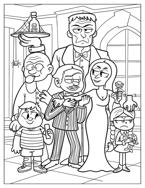 Az Addams család kawaii figurái egy kísérteties házban pózolnak.