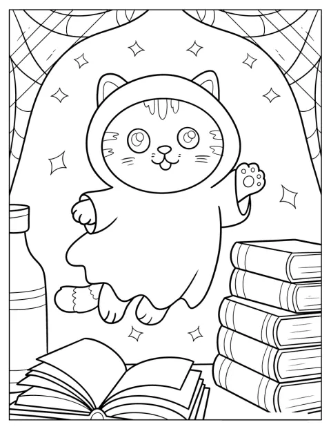 Un gato adorable flota por encima de una pila de libros.