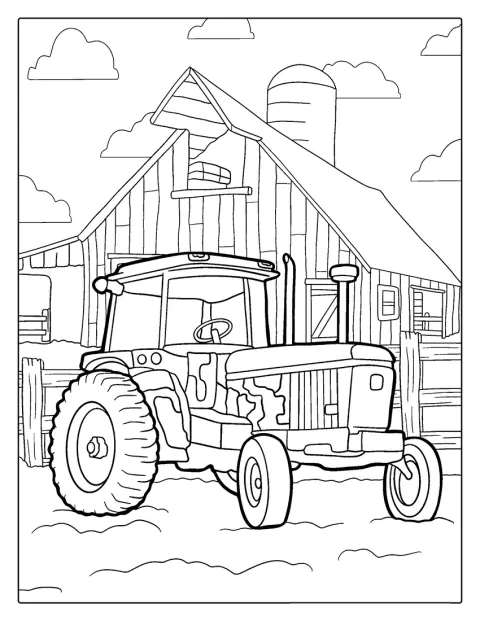 Un tractor trabaja en un campo con un granero al fondo.